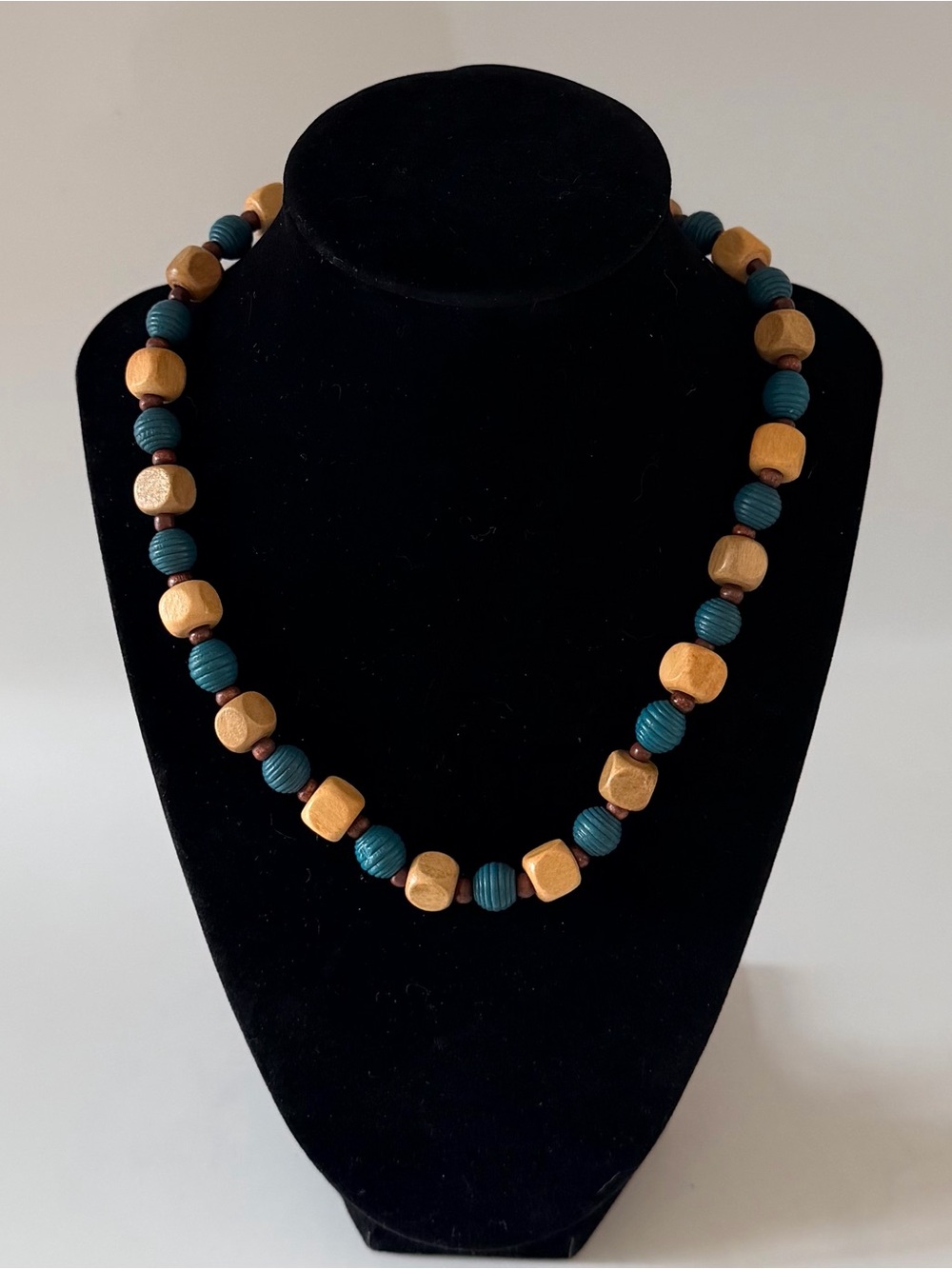 Handcrafted Teal and Natural Wood Beaded Boho Style Necklace